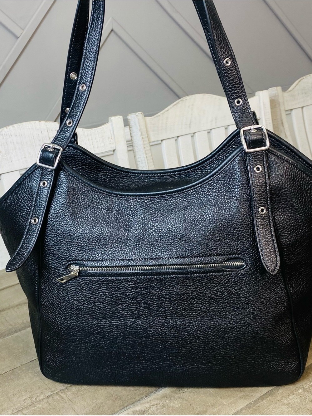 COACH Meadow Shoulder Bag Black Refined Pebble Leather Tote Silver HW CM074 - Picture 6 of 15